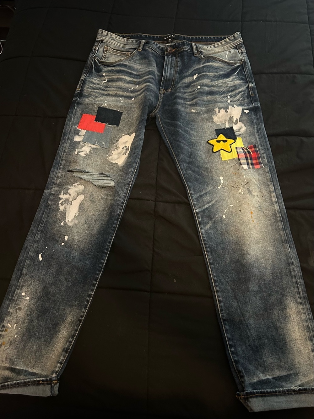 Akoo Men's Blue Distressed Patchwork Jeans with Red & Yellow Accents
